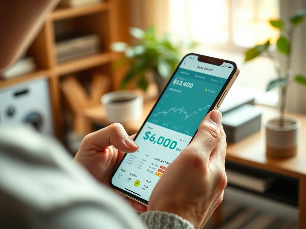 A close-up shot of a person using a smartphone to access an investment app, showcasing graphs and data on the screen. The background is a cozy home office with a desk and a plant, evoking a sense of financial empowerment.